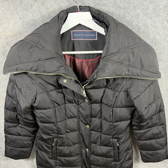 TOMMY HILFIGER Women’s Black long puffer coat jacket Size Small - Picture 2 of 14